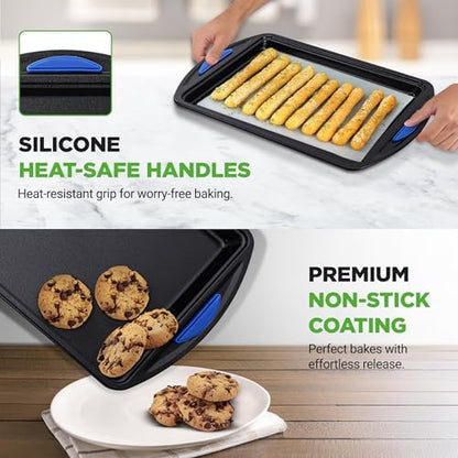 NutriChef 3-Piece Nonstick Cookie Sheets for Baking – Carbon Steel Stackable Bakeware Set w/ Silicone Handles - Non Toxic Baking Pan - Durable & Wrap Resistance, Oven Safe - Easy cleanup
