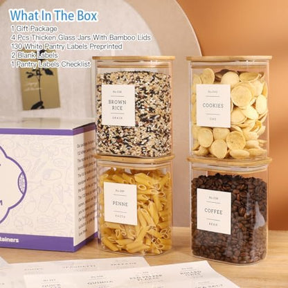 4 Pack Square Glass Pantry Storage Containers with 132 Kitchen Food Pantry Labels - 34 floz Clear Glass Pantry Jars with Airtight Wood Bamboo Lids - Glass Canisters for Tea, Cereal, Coffee, Spice