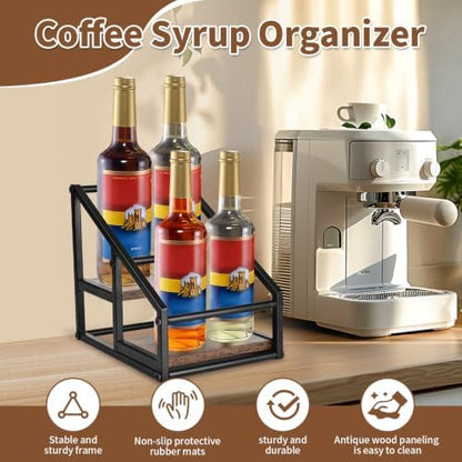YQBRAO 2-Tier Coffee Syrup Organizer, 4-Bottle Rack, Rustic Brown