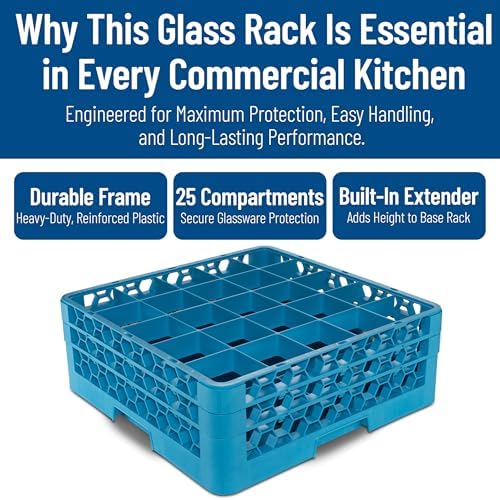 Carlisle FoodService Products Opticlean 25-Compartment Glass Racks for Restaurants with 2 Extenders - Dishwasher Rack for Beverage Glasses, Goblets, 7.12" Max Diameter, Blue