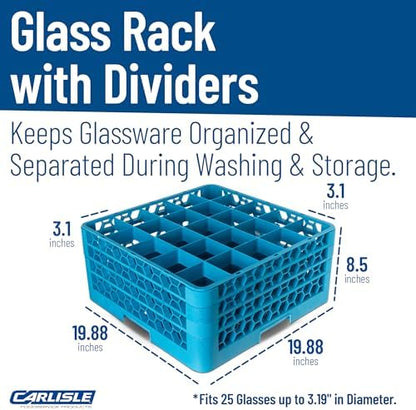Carlisle FoodService Products OptiClean 25-Compartment Glass Racks With 3 Extenders for 3.19" Cups – Glass Racks for Restaurants Scratch-Resistant Texture, Blue, (Pack of 2)