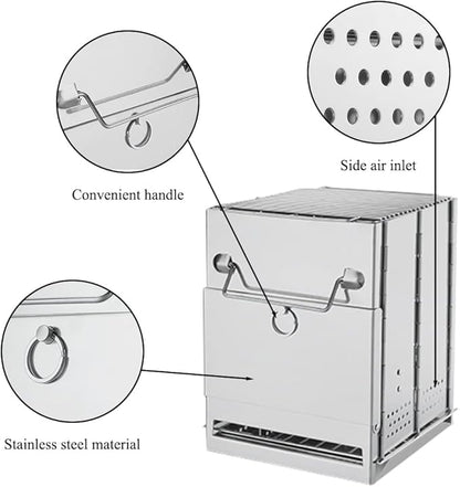 Camping Wood Burning Stove with Grill, Collapsible Backpacking Survival Rocket Stove Stainless Steel Campfire Stove for Outdoor Cooking Picnic Hiking BBQ (Sliver-Small)