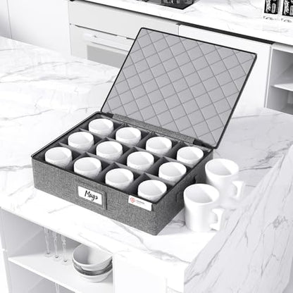 YearningHome Cup and Mug Storage Boxes with Dividers,Hard Shell Coffee Mug Organizer with Lid,Handles,Zips and Label Window for Coffee Mugs,Tea Cups,Packing and Moving,Hold 12,1 Pack, Grey