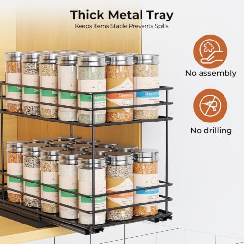 Mystozer Pull Out Spice Rack Organizer for Cabinet, Slide Out Spice Racks, Easy to Install Spice Cabinet Organizers, 6.49" Wx10.43 Dx8.66 H, 1 Drawer 2 Tiers(Black)