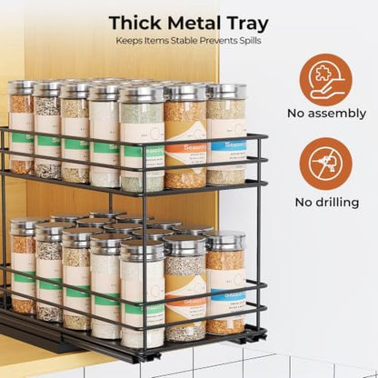 Mystozer Pull Out Spice Rack Organizer for Cabinet, Slide Out Spice Racks, Easy to Install Spice Cabinet Organizers, 6.49" Wx10.43 Dx8.66 H, 1 Drawer 2 Tiers(Black)