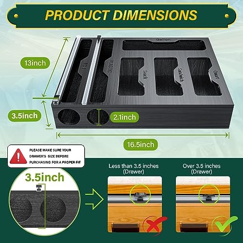 KOCWELL Bag Organizer & Plastic Wrap Dispenser with Cutter, 6 In 1 Bamboo Foil & Plastic Wrap Organizer for Kitchen, Food Storage Bag Organizer
