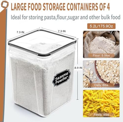 PRAKI Large Airtight Food Storage Containers 5.2L / 195oz, 4pcs Pantry Kitchen Organizers and Storage for Flour, Sugar, Baking Supplies, BPA Free, Plastic Flour Containers with 20 Labels & Maker