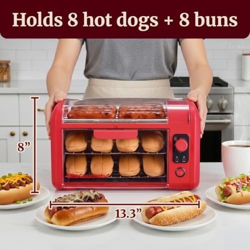 Elite Gourmet 8-Hot Dog Roller/Toaster Oven, 5 Rollers, Auto Shut-Off, Red