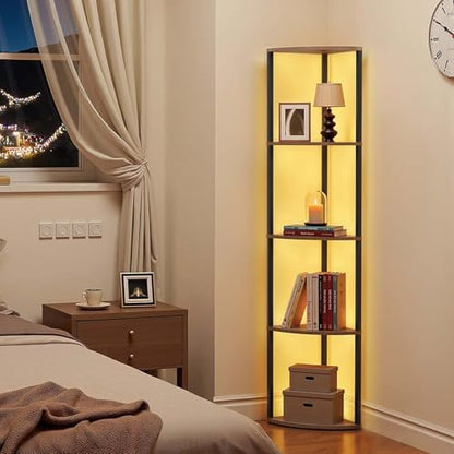 VEVOR 5 Tier Corner Shelf with LED Light, 64" Tall Corner Bookshelf with Storage Shelves for Collectibles, Display Shelf with Multi-Color Lights Controlled Via RC/APP for Bedroom, Living Room, Office