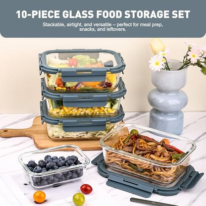 Liuruiyu 10 Pack Glass Food Storage Containers with Glass Lids, Airtight Meal Prep Containers, Leak-Proof Bento Boxes for Microwave, Oven, Freezer & Dishwasher, BPA-Free