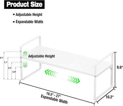‎Expandable Kitchen Cabinet Storage Shelf, Stackable Metal Pantry Storage Shelves Organizer, Adjustable Height Counter Spice Rack for Kitchen Cabinet (White - 16.5"-27" L x 10.2" W x 9.6" H - 3Pack)