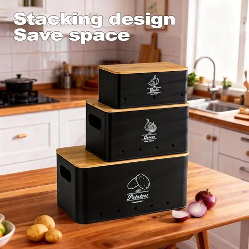 Potato Onion Garlic Storage Bin, Black, Set of 3