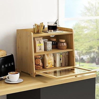 Bamboo Bread Box Double Layer, 2 Tier BreadBox for Kitchen Countertop