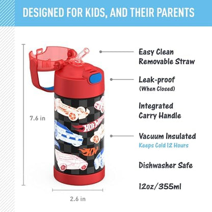 THERMOS FUNTAINER Water Bottle with Straw, 12oz, Hot Wheels