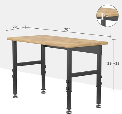 70" Adjustable Workbench,Heavy-Duty Work Table,3000 LBS Load Capacity Hardwood Workstation Outlets with Power Strips, Drawers and Wheels,for Workshop, Garage