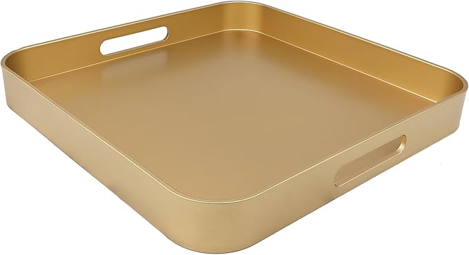 Square Gold Decorative Serving Tray with Handles, Versatile Ottoman Tray for Coffee Table, Entertaining, Outdoor Patio, Living Room, 13”*13”*1.6”