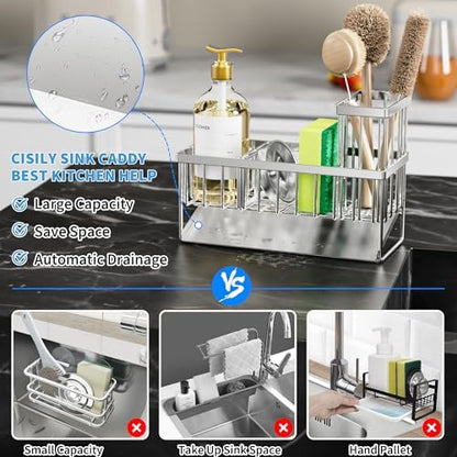 Cisily Sink Caddy Sponge Holder for Kitchen, 304 Stainless Steel Rustproof, Kitchen Sink Caddy with High Brush Holder, Dish Sponge Organizer with Divider(Silver)