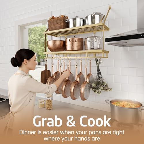 KES 30-Inch Gold Pot Rack Wall Mount, 2-Tier Hanging Pot and Pan Organizer