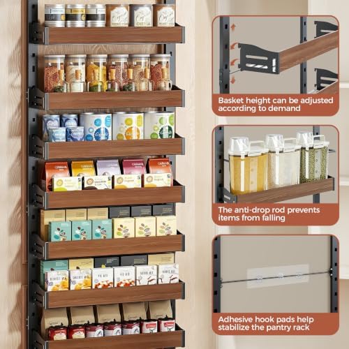 8-Tier Pantry Door Organizer, Over the Door Pantry Organizer with Wooden Adjustable Baskets, 2 IN 1 Spice Rack Wall Mount or Door Organizer, Door Spice Rack for Pantry（72.6×17.1×5.1in,Black)
