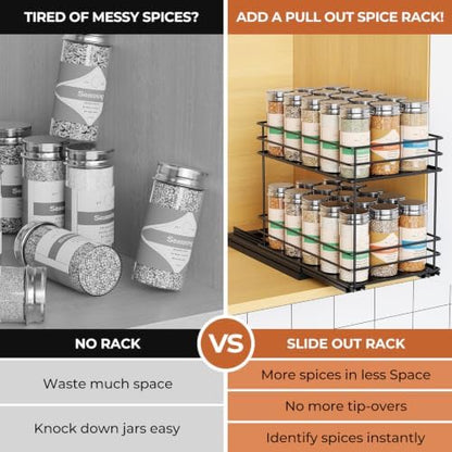 Mystozer Pull Out Spice Rack Organizer for Cabinet, Slide Out Spice Racks, Easy to Install Spice Cabinet Organizers, 6.49" Wx10.43 Dx8.66 H, 1 Drawer 2 Tiers(Black)