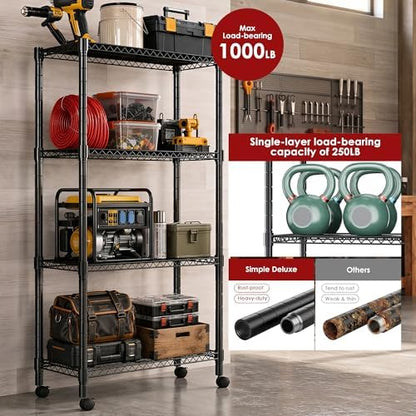Simple Deluxe 4-Tier Heavy Duty Adjustable Storage Shelf with Wheels, 23.23”W x 17.63”D x 47.24”H, Wide Mobile Metal Shelving Unit, Easy Assembly for Living Room, Office,Black