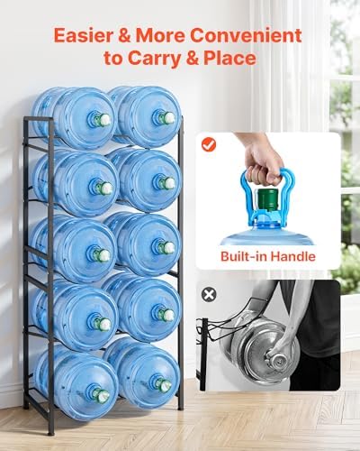 VEVOR 5 Gallon Water Jug Holder for 10 Bottles, 5-Tier Double Rows 3 or 5 Gallon Water Bottle Holder with Handle, Heavy Duty Jug Rack Organizer, Easy Assembly, for Kitchen, Office, Restaurant, Black