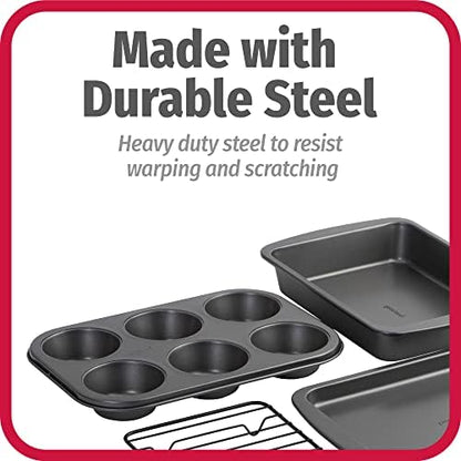 GoodCook 4-Piece Nonstick Steel Toaster Oven Set with Sheet Pan, Rack, Cake Pan, and Muffin_Pan, Gray, Set Distributes Heat Evenly, Nonstick Coating, Dishwasher-Safe 4-Piece (Pack of 6)