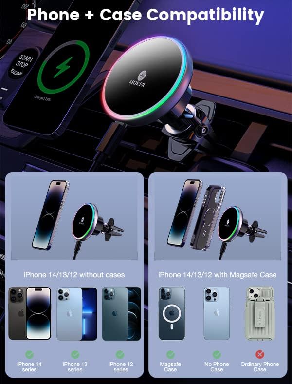 MOKPR for Magsafe Car Mount Charger-Wireless Car Charger-Magnetic Car Phone Holder for Dash Air Vent-LED RGB HandsFree Car Mount Fast Car Charger for iPhone 16 15/14/13/12 Series with QC 3.0 Adapter