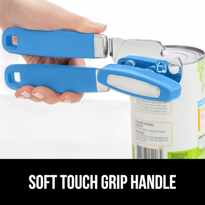 GORILLA GRIP Heavy Duty Stainless Steel Smooth Edge Manual Can Opener and Bottle Openers, Soft Comfortable Handle, Oversized Handheld Turn Knob, US Designed Multifunctional Kitchen Tool, Aqua