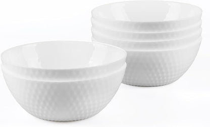 20 OZ Max White Opal Glass Cereal Bowl Set of 6, 6 inch Dishwasher & Microwave Safe Round Geometric Faceted Bowls for Kitchen, Salad, Soup and Rice