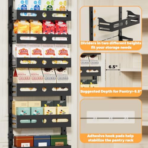 8-Tier Pantry Door Organizer, 2 IN 1 Wall Mount or Over The Door Pantry Organizer, Door Spice Rack with Adjustable Baskets, Over Door Organizer for Kitchen (12.4"W x 5.5"D x 66.1"H,1 Pack, Black)