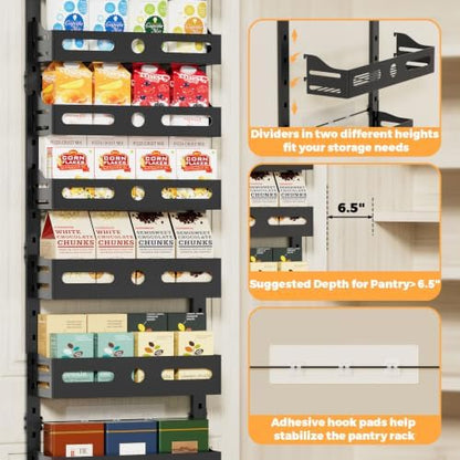 8-Tier Pantry Door Organizer, 2 IN 1 Wall Mount or Over The Door Pantry Organizer, Door Spice Rack with Adjustable Baskets, Over Door Organizer for Kitchen (12.4"W x 5.5"D x 66.1"H,1 Pack, Black)