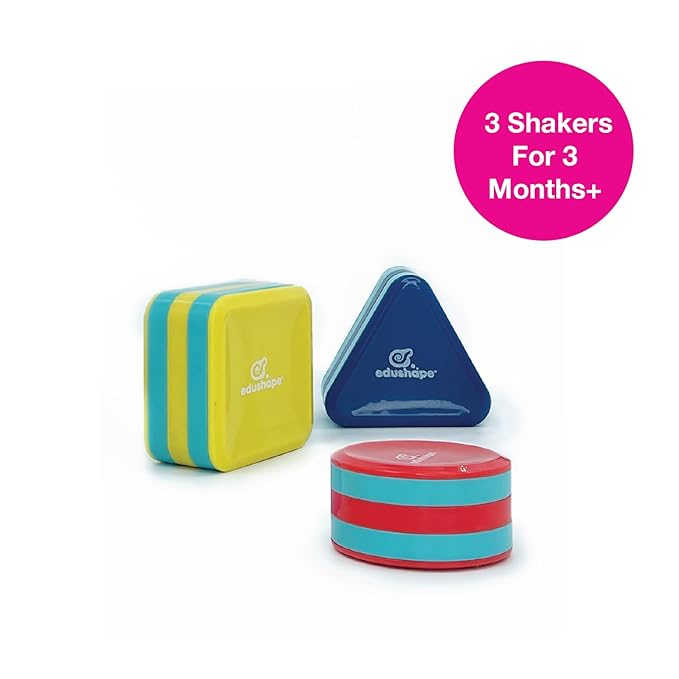 Edushape My First Shakers Basic Shapes - Vibrant Baby Maracas with Soothing Sound - Musical Egg Shakers for Babies - Grasping and Teething Rattle Toys - Enhances Tummy Time, Sensory Development