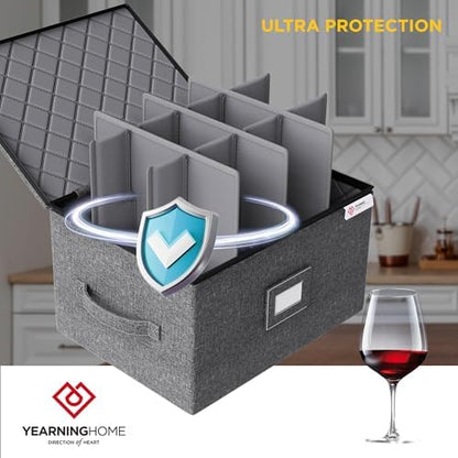 YearningHome 2 Pack Wine Glass Storage Box with Dividers,Stemware Storage Cases with Sturdy Handle and Hard Shell for Glassware Crystal Storage,Transport and Moving,Holds 24,Grey