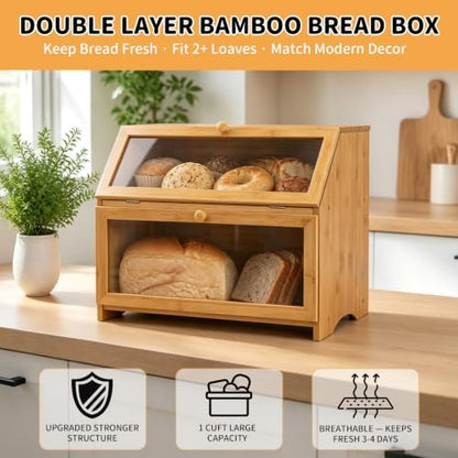 HOMEKOKO Double Layer Bread Box for Kitchen Countertop, Natural Bamboo