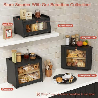 Goozii Black Bread Box for Kitchen Countertop, Small Vintage Counter Top Breadbox, Homemade Bread Storage Container for Sourdough Loaf, Farmhouse Wooden Corner Kitchen Counter Organizer for Cabinet