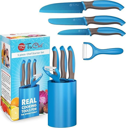 5-Piece Kids Knife Set | Real Stainless Steel Cooking Knives with Peeler, Serrated Blade & Storage Stand | Safe, Easy-Grip Design – Fun Junior Chef Set for Boys & Girls (5 pcs, Blue)
