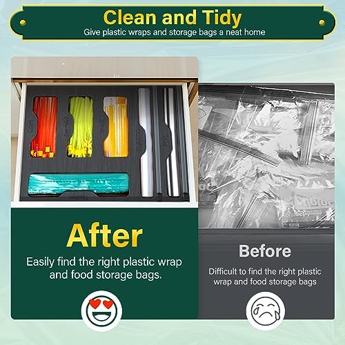 KOCWELL Bag Organizer & Plastic Wrap Dispenser with Cutter, 6 In 1 Bamboo Foil & Plastic Wrap Organizer for Kitchen, Food Storage Bag Organizer