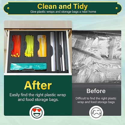 KOCWELL Bag Organizer & Plastic Wrap Dispenser with Cutter, 6 In 1 Bamboo Foil & Plastic Wrap Organizer for Kitchen, Food Storage Bag Organizer