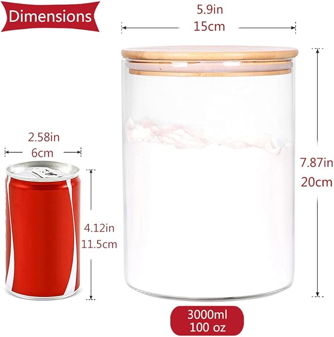 Glass Flour Container with Airtight Bamboo Lid, Large Glass Food Jar with Wooden Lid for Storage Flour, Sugar, Cookies, Rice, Coffee Beans and etc (3L)