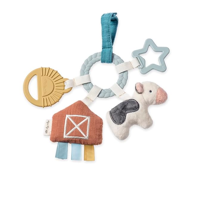 Itzy Ritzy Farm Toy Gift Set - Includes Cow Lovey & Farm-Themed Busy Ring Car Seat and Stroller Toy - Features Crinkle Sounds, Engaging Textures & Silicone Teething Relief (Farm)