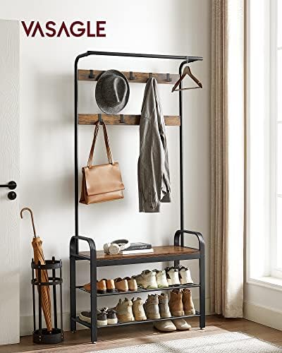 VASAGLE Coat Rack, Hall Tree with Shoe Bench, 4-in-1, 9 Removable Hooks