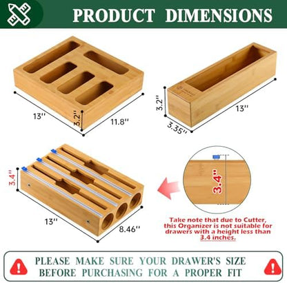 Calmbee 9 in 1 Bamboo Storage Bag Organizer for Kitchen Drawer – Plastic Wrap Dispenser with Cutter & Foil Organizer, Wooden Baggie Organizer for Sandwich, Snack, Gallon, Quart Sizes, Natural