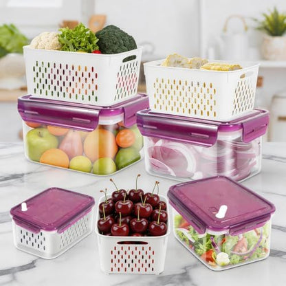 4Pack Fruit Storage Container for Fridge with Colander and Vent - Purple