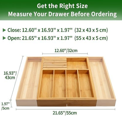 VaeFae Bamboo Silverware Drawer Organizer, 7 Slots, Natural