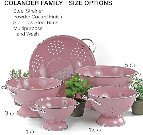 Reston Lloyd, 1 Quart Powder Coated Steel Kitchen Strainer Basket for draining Pasta, Vegetable and Fruit, Chrome Handles and Wide Stable Base, Pink
