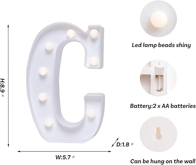 Foaky LED Letter Lights Sign Marquee Light Up Letters Sign for Night Light Wedding/Birthday Party Battery Powered Christmas Lamp Home Bar Decoration(C)