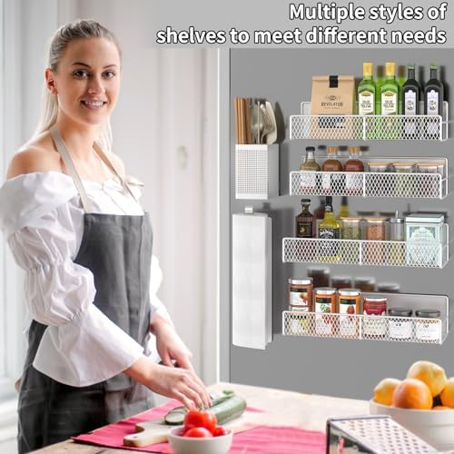 Magnetic Spice Rack for Refrigerator, 6 Pack Metal Magnetic Shelf White, Moveable Spice Organizer, Strong Magnetic Storage Fridge Organizer with Paper Towel Holder, Utensils Holder