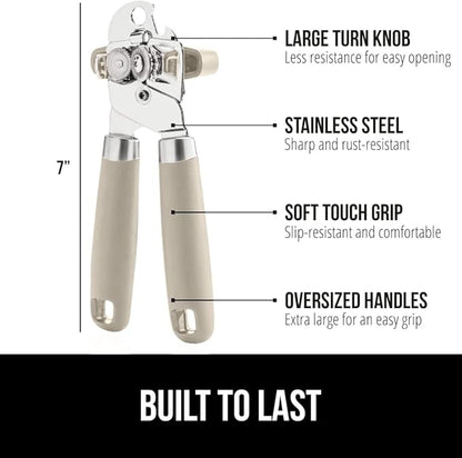GORILLA GRIP Heavy Duty Stainless Steel Smooth Edge Manual Can Opener and Bottle Openers, Soft Comfortable Handle, Oversized Handheld Turn Knob, US Designed Multifunctional Kitchen Tool, Almond