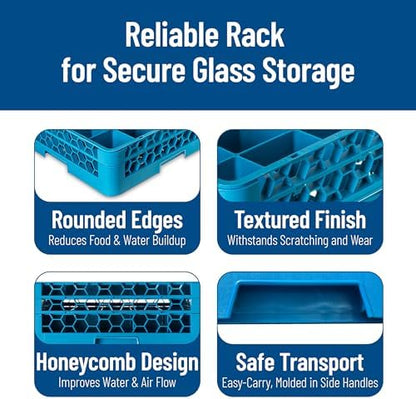 Carlisle FoodService Products Opticlean 25-Compartment Glass Racks for Restaurants with 2 Extenders - Dishwasher Rack for Beverage Glasses, Goblets, 7.12" Max Diameter, Blue